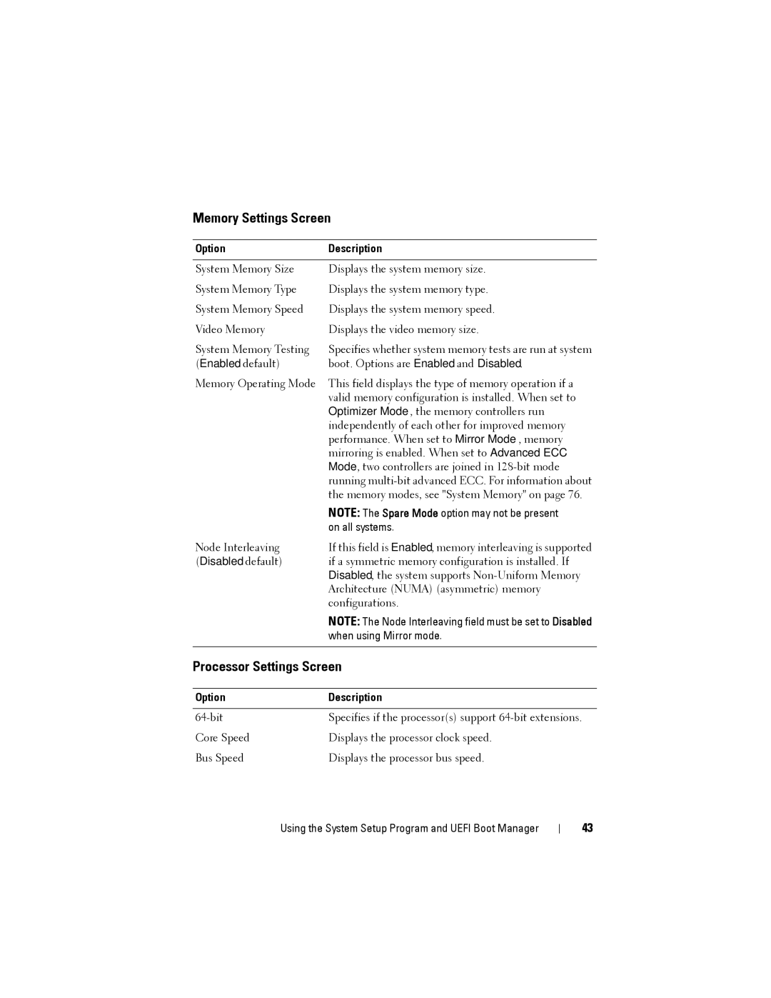 Dell DR4000 owner manual Memory Settings Screen, Processor Settings Screen 