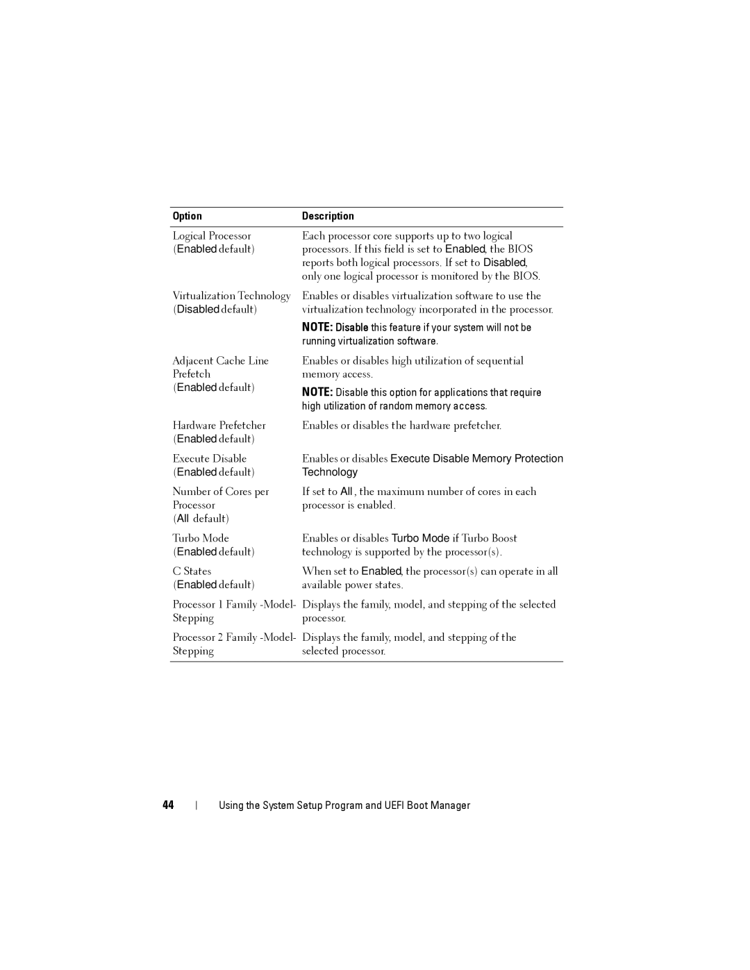 Dell DR4000 owner manual Enables or disables Execute Disable Memory Protection 