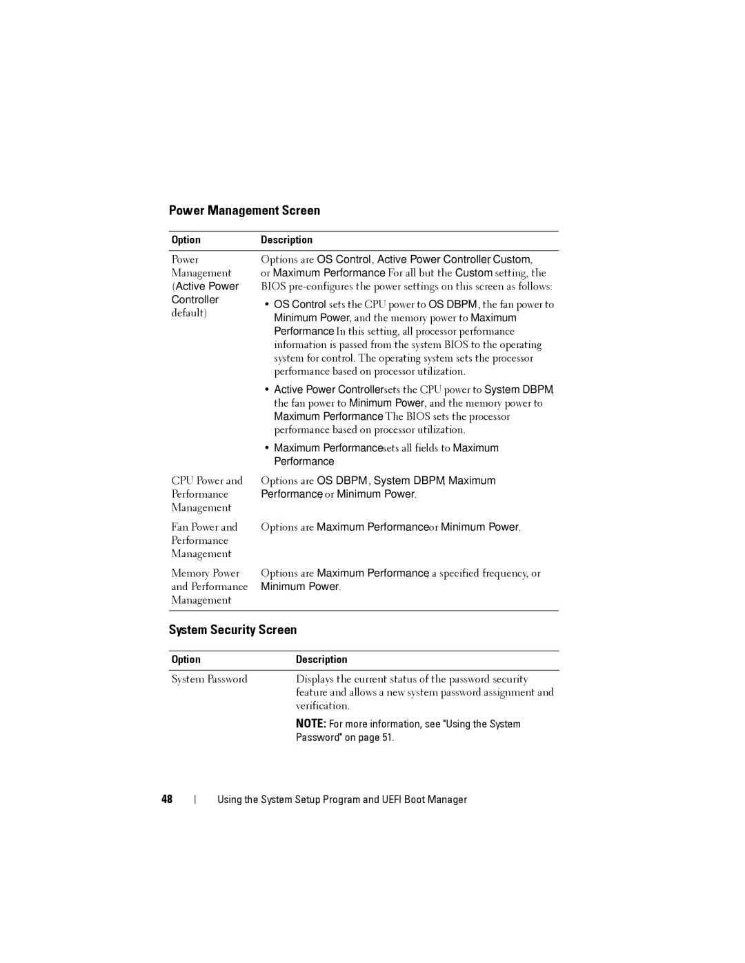 Dell DR4000 owner manual Power Management Screen, System Security Screen 