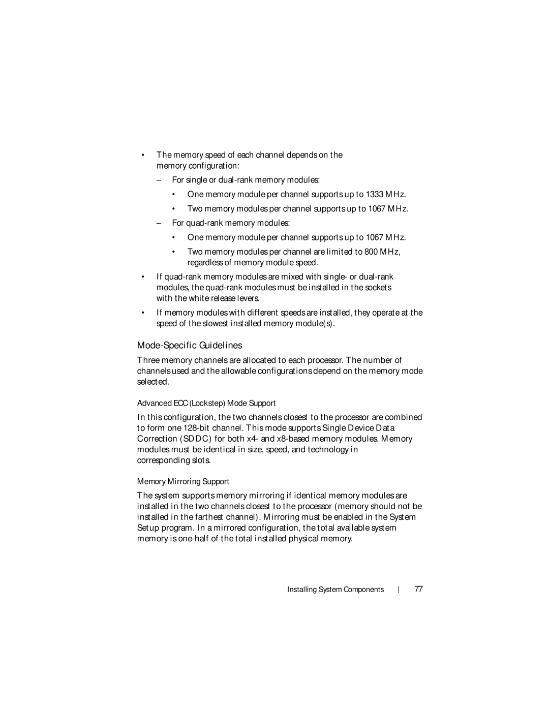 Dell DR4000 owner manual Mode-Specific Guidelines, Advanced ECC Lockstep Mode Support, Memory Mirroring Support 