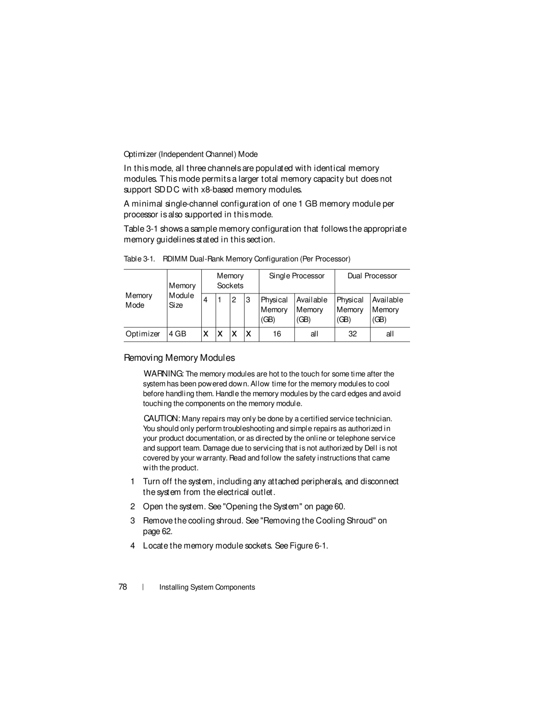 Dell DR4000 Removing Memory Modules, Optimizer Independent Channel Mode, Single Processor Dual Processor Memory 