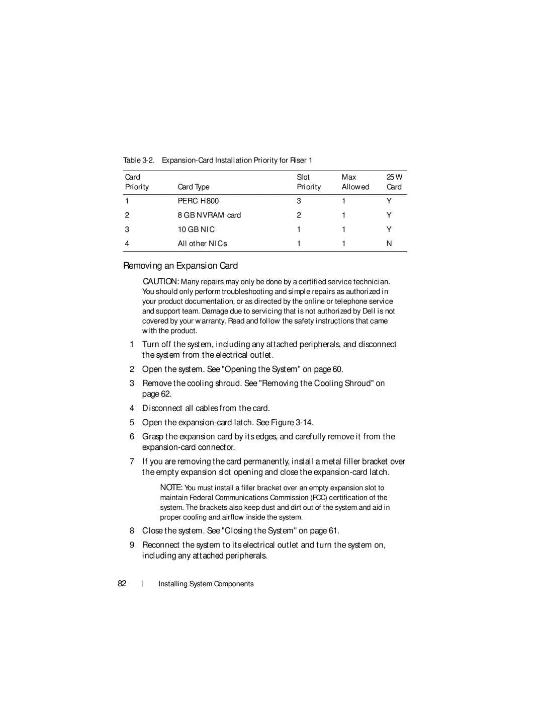 Dell DR4000 owner manual Removing an Expansion Card 