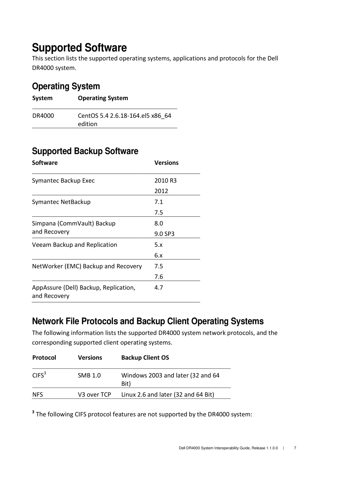 Dell DR4000 manual Supported Backup Software, Network File Protocols and Backup Client Operating Systems 