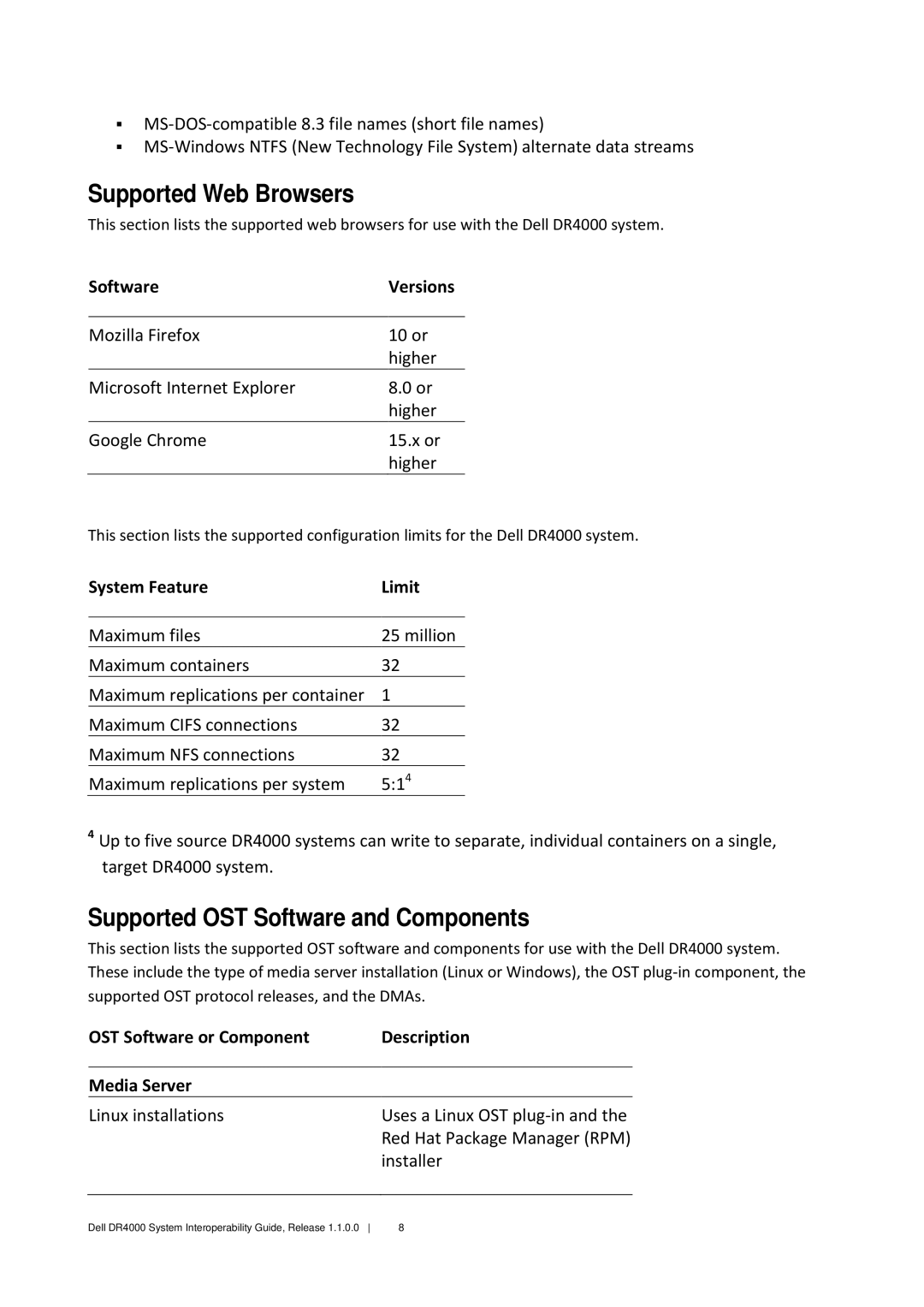 Dell DR4000 manual Supported Web Browsers, Supported OST Software and Components, System Feature Limit 