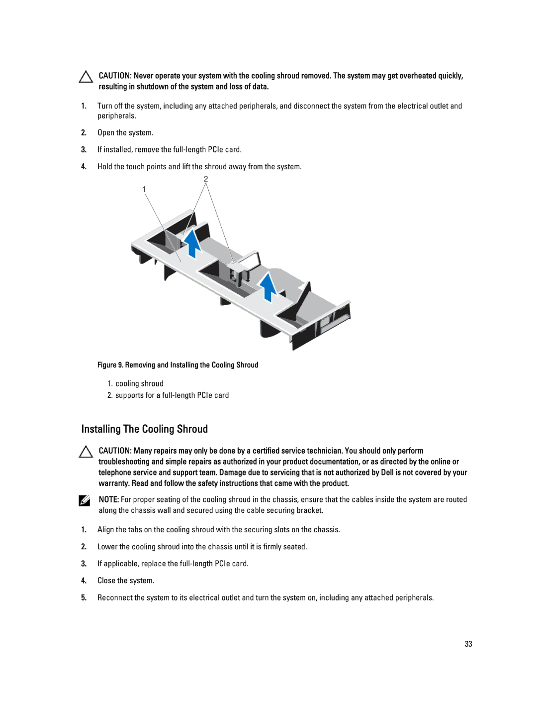 Dell DR4100 owner manual Installing The Cooling Shroud, Removing and Installing the Cooling Shroud 