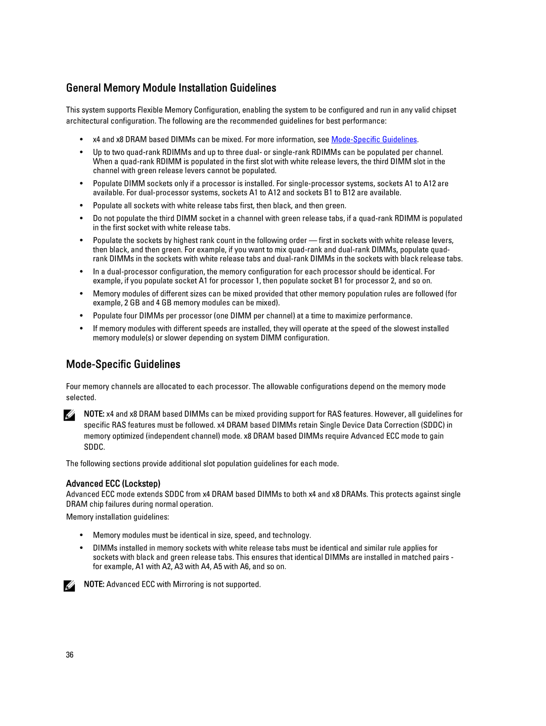 Dell DR4100 owner manual General Memory Module Installation Guidelines, Mode-Specific Guidelines 