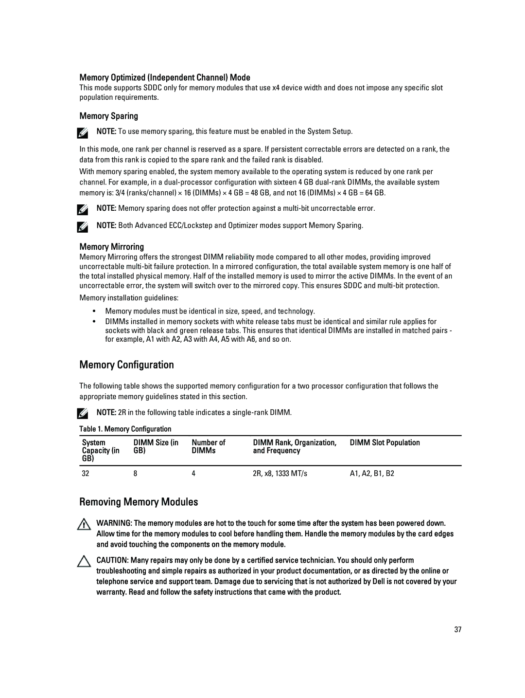 Dell DR4100 owner manual Memory Configuration, Removing Memory Modules 