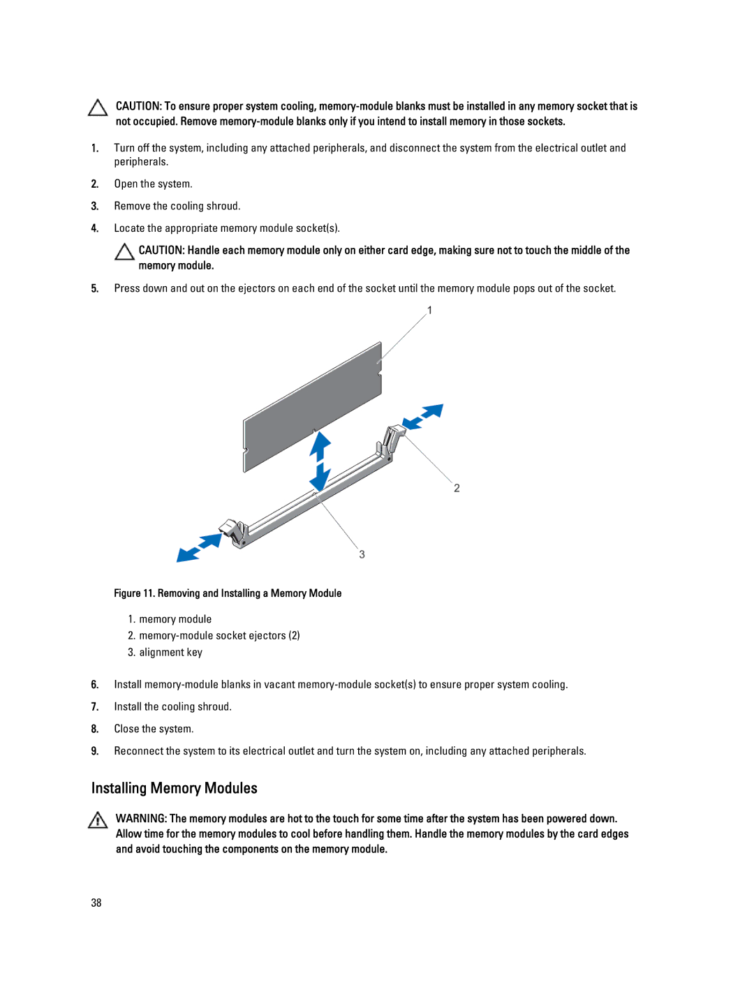 Dell DR4100 owner manual Installing Memory Modules, Removing and Installing a Memory Module 