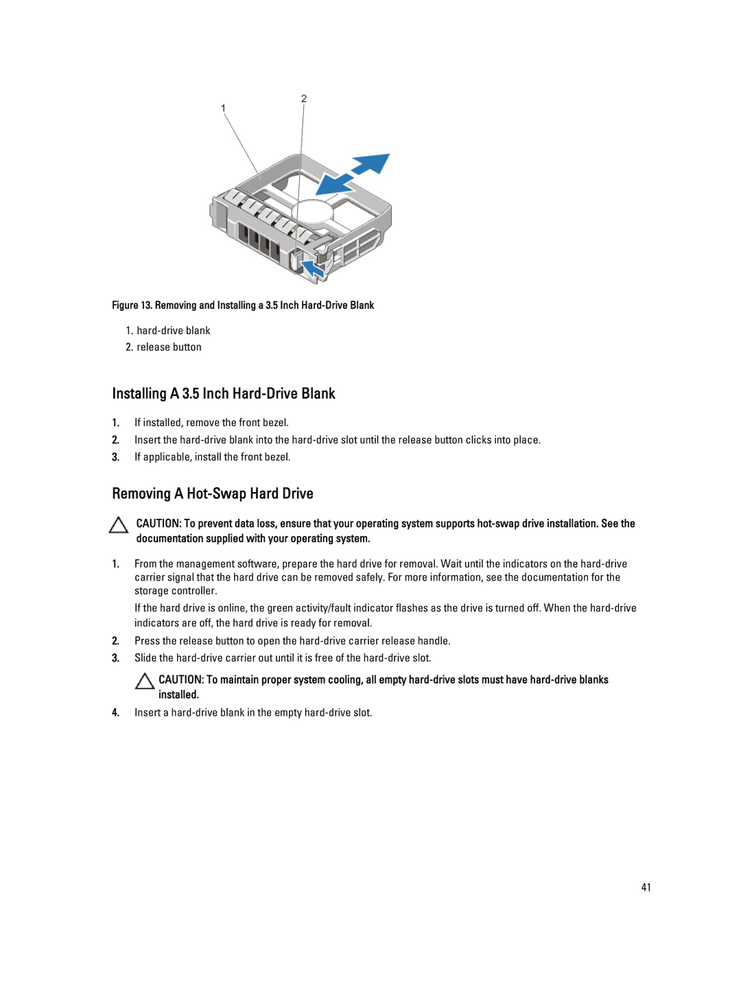 Dell DR4100 owner manual Installing a 3.5 Inch Hard-Drive Blank, Removing a Hot-Swap Hard Drive 