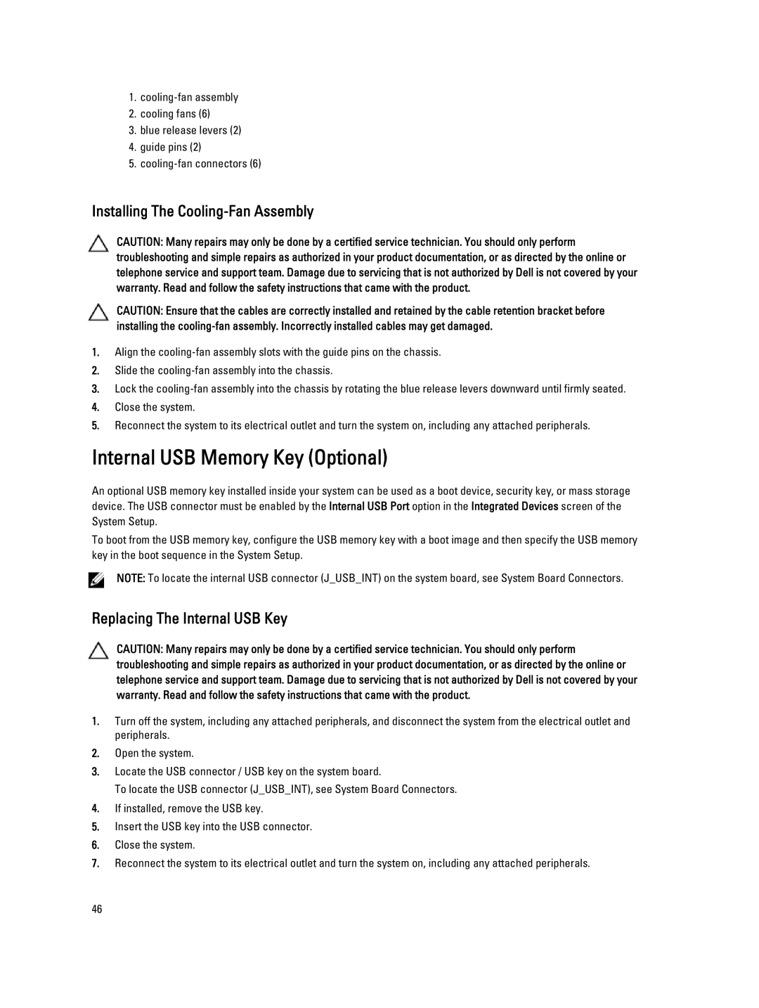 Dell DR4100 Internal USB Memory Key Optional, Installing The Cooling-Fan Assembly, Replacing The Internal USB Key 