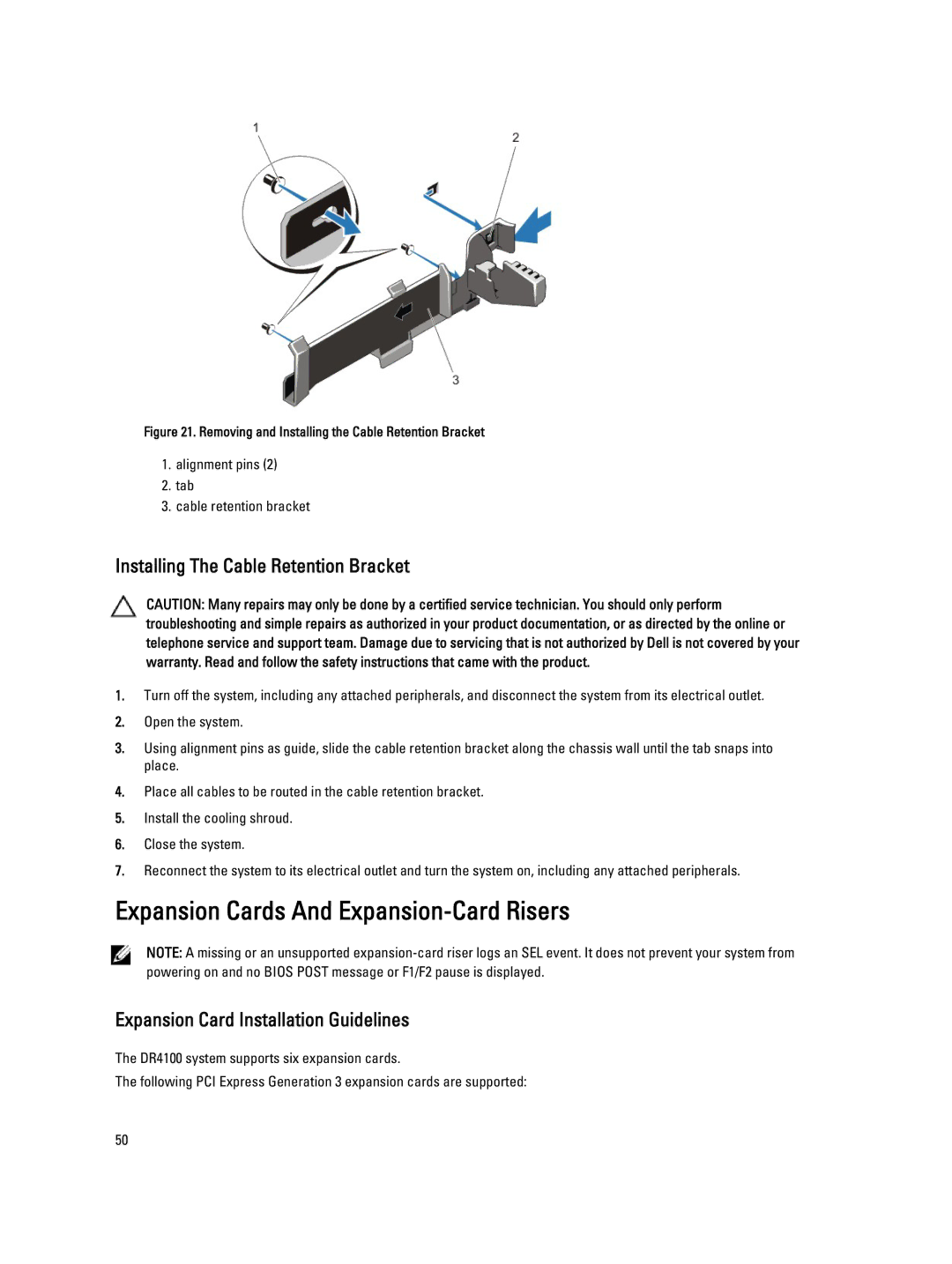 Dell DR4100 owner manual Expansion Cards And Expansion-Card Risers, Installing The Cable Retention Bracket 