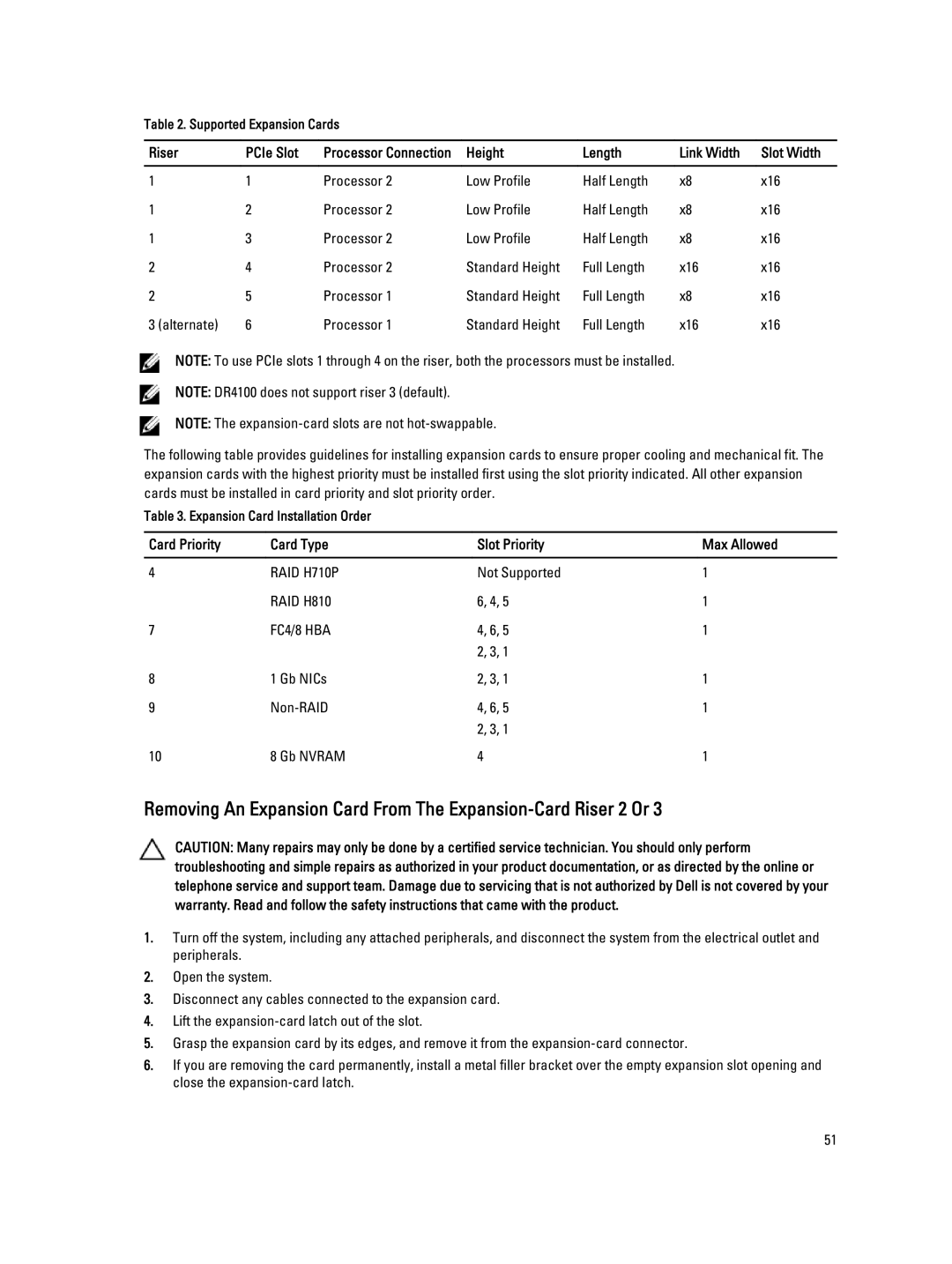 Dell DR4100 Riser PCIe Slot, Height Length Link Width Slot Width, Card Priority Card Type Slot Priority Max Allowed 