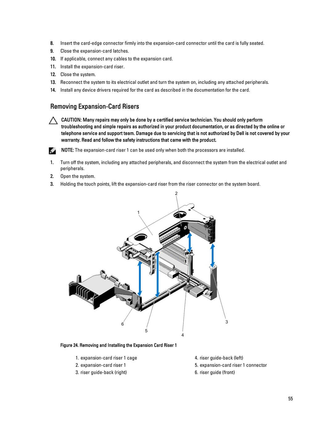 Dell DR4100 owner manual Removing Expansion-Card Risers, Removing and Installing the Expansion Card Riser 