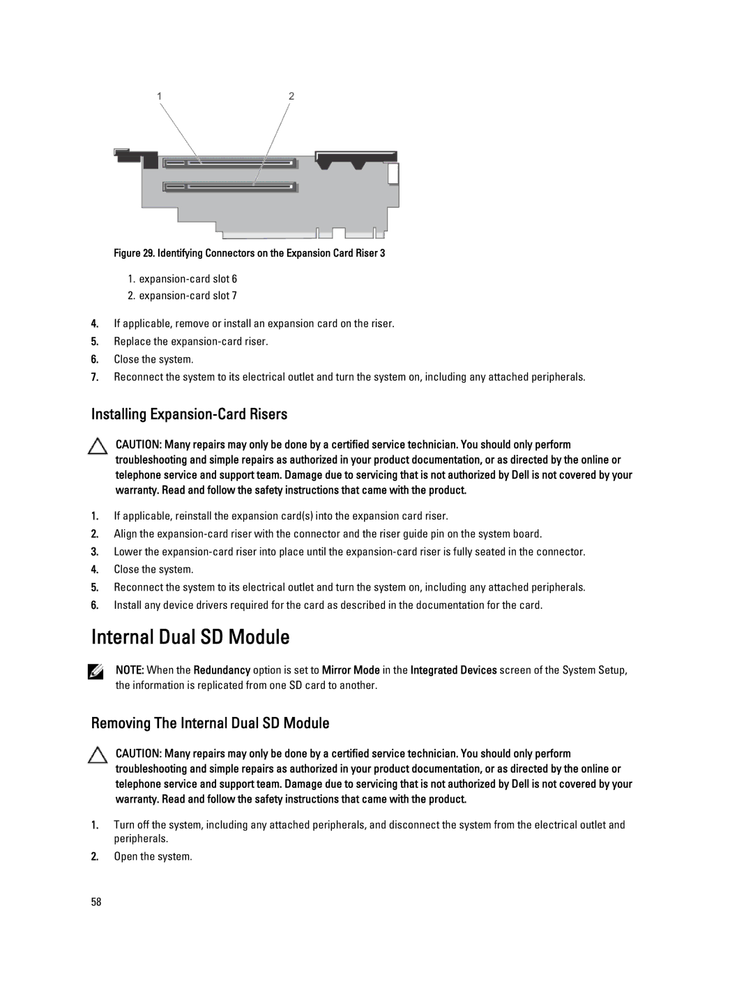 Dell DR4100 owner manual Installing Expansion-Card Risers, Removing The Internal Dual SD Module 