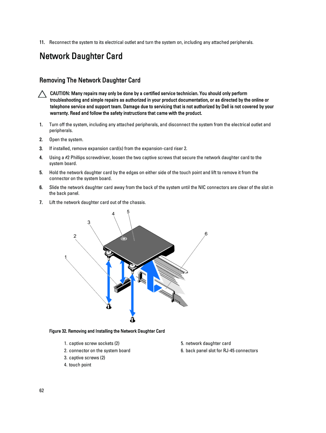 Dell DR4100 owner manual Removing The Network Daughter Card 