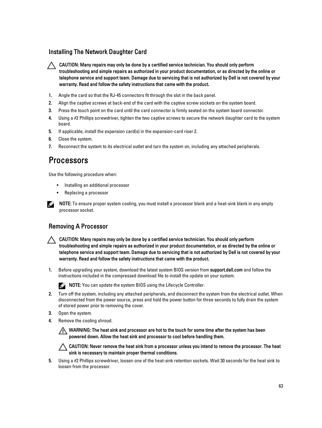 Dell DR4100 owner manual Processors, Installing The Network Daughter Card, Removing a Processor 