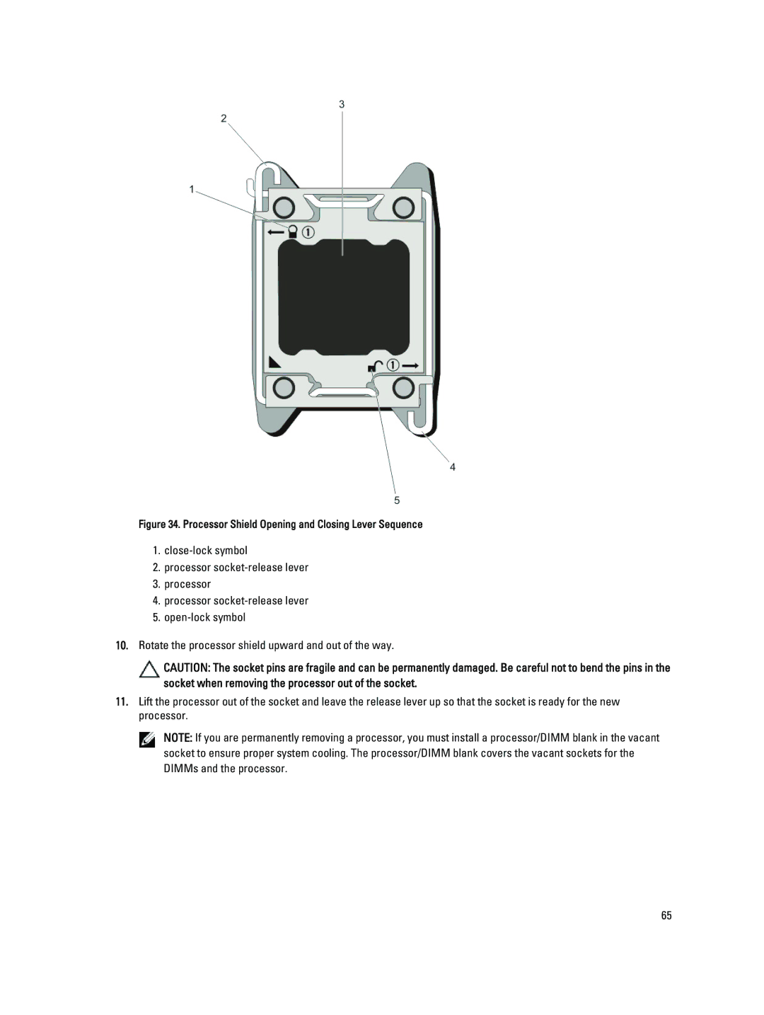 Dell DR4100 owner manual Processor Shield Opening and Closing Lever Sequence 