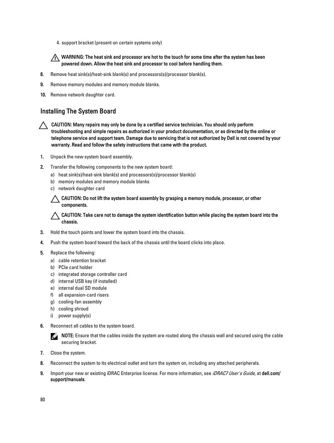 Dell DR4100 owner manual Installing The System Board 