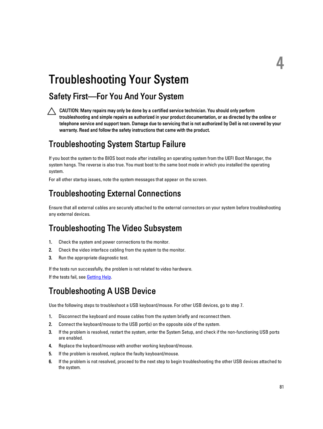 Dell DR4100 Troubleshooting External Connections, Troubleshooting The Video Subsystem, Troubleshooting a USB Device 