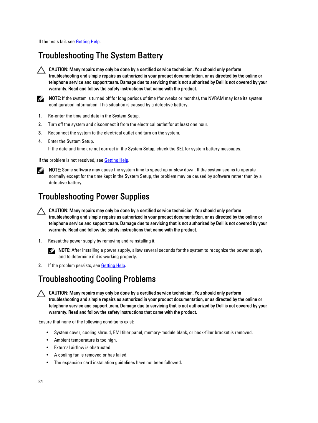 Dell DR4100 Troubleshooting The System Battery, Troubleshooting Power Supplies, Troubleshooting Cooling Problems 