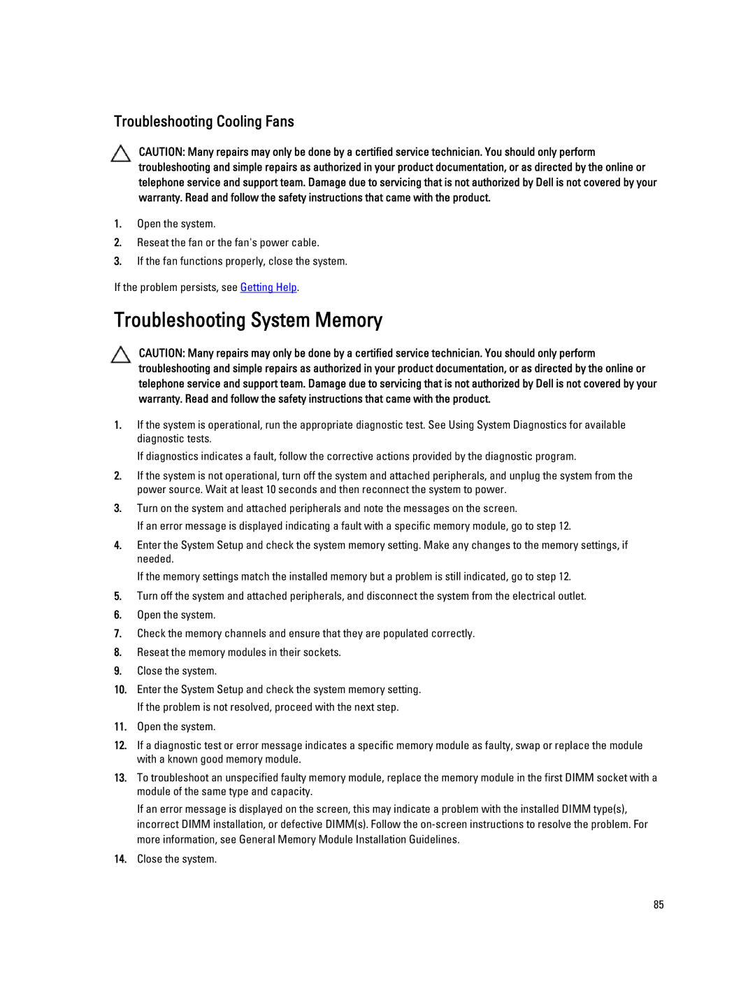 Dell DR4100 owner manual Troubleshooting System Memory, Troubleshooting Cooling Fans 