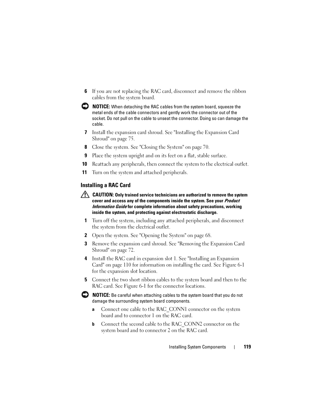 Dell T605, DR715 owner manual Installing a RAC Card, 119 