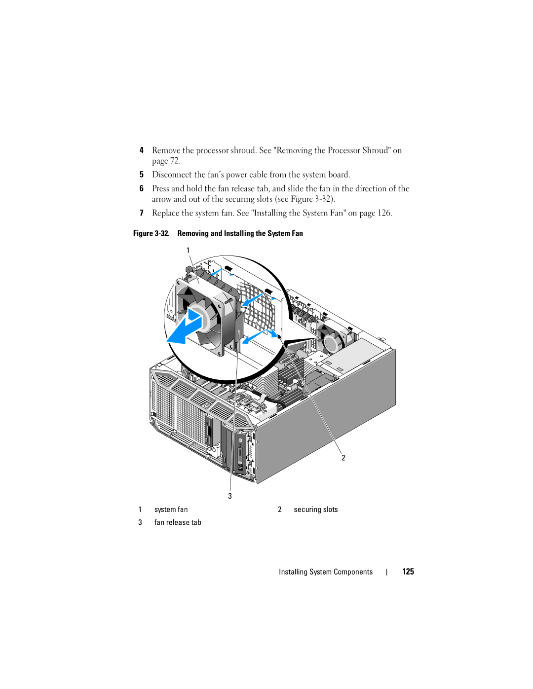 Dell T605, DR715 owner manual 125, Fan release tab Installing System Components 