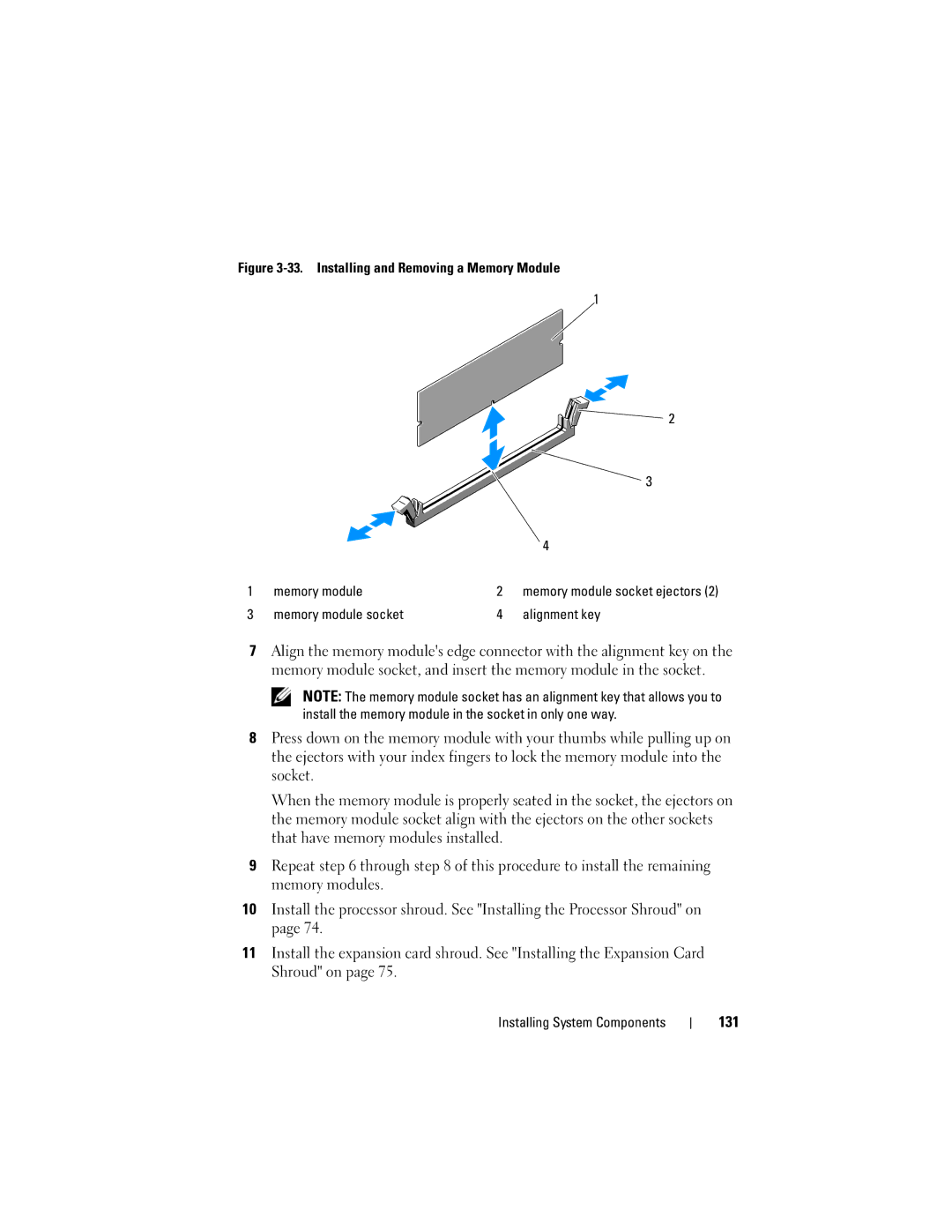 Dell T605, DR715 owner manual 131, Installing and Removing a Memory Module Memory module 