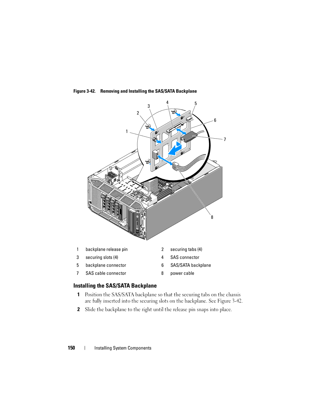 Dell DR715, T605 owner manual Installing the SAS/SATA Backplane, SAS cable connector Power cable 