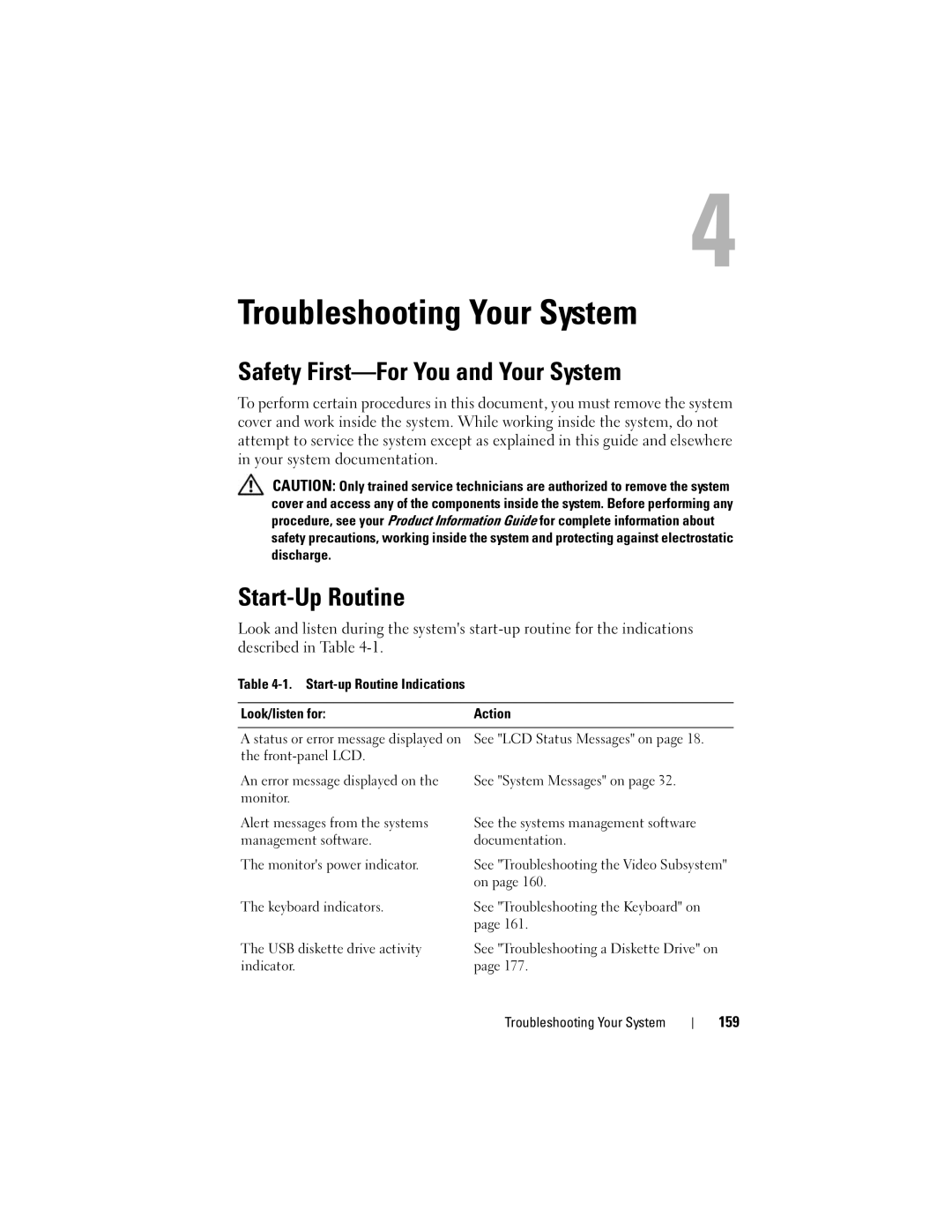 Dell T605 Safety First-For You and Your System, Start-Up Routine, 159, Start-up Routine Indications Look/listen for Action 