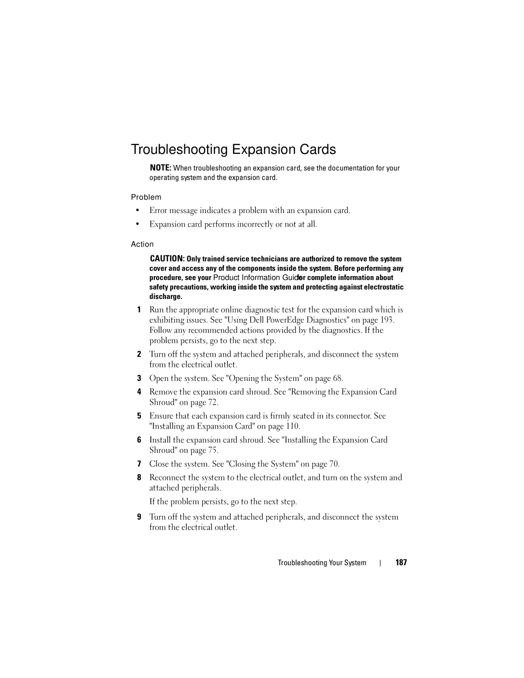 Dell T605, DR715 owner manual Troubleshooting Expansion Cards, 187 