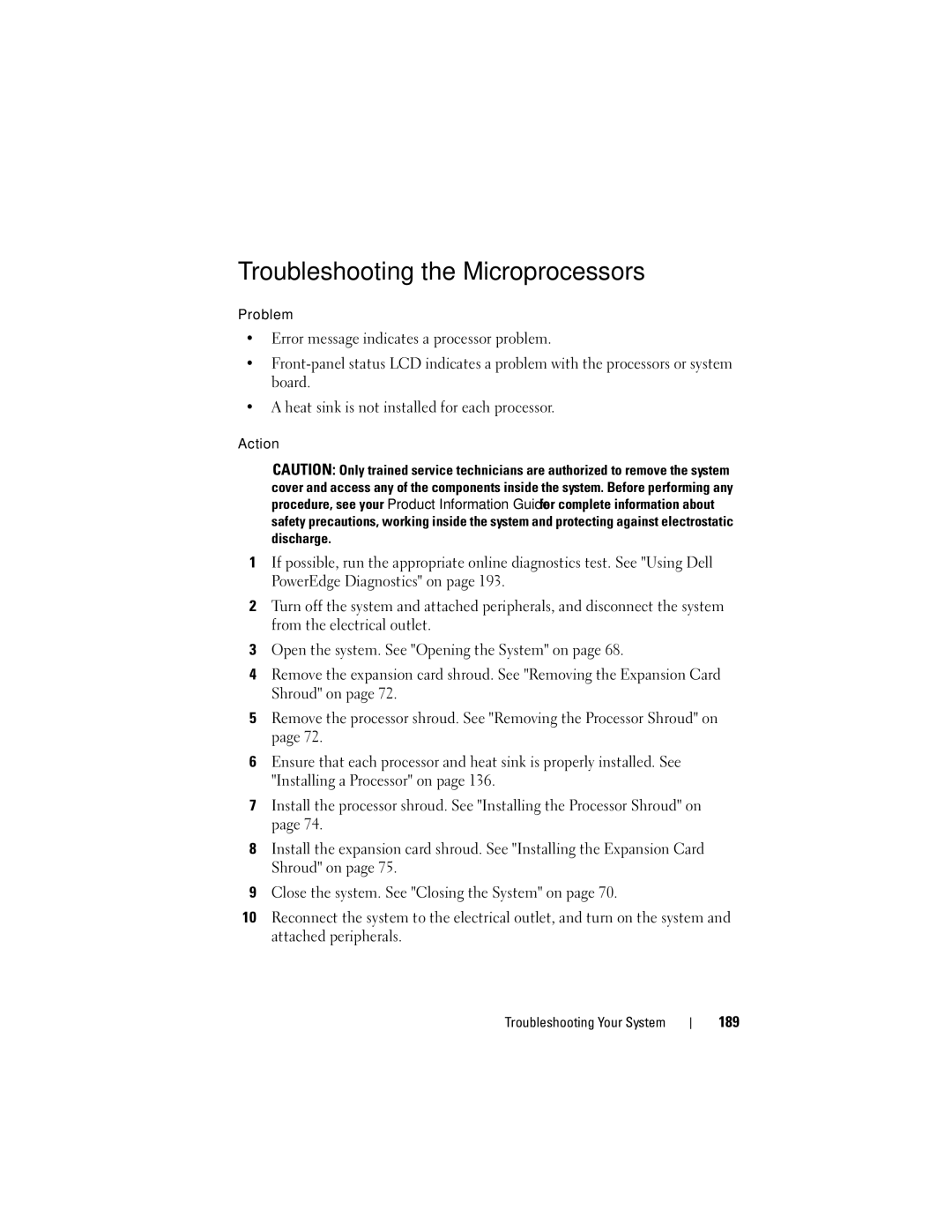 Dell T605, DR715 owner manual Troubleshooting the Microprocessors, 189 