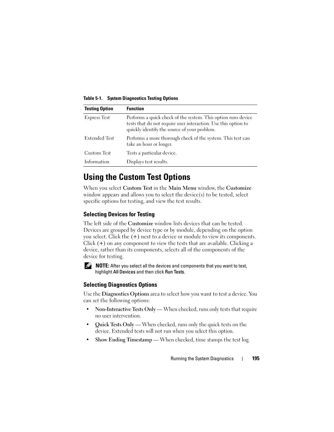 Dell T605, DR715 Using the Custom Test Options, Selecting Devices for Testing, Selecting Diagnostics Options, 195 