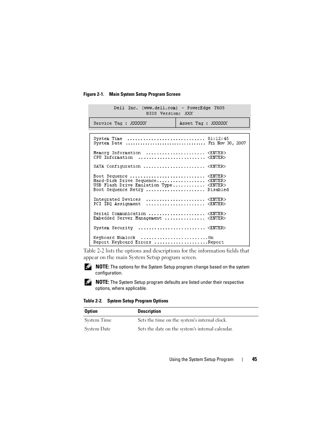 Dell T605, DR715 owner manual Main System Setup Program Screen 