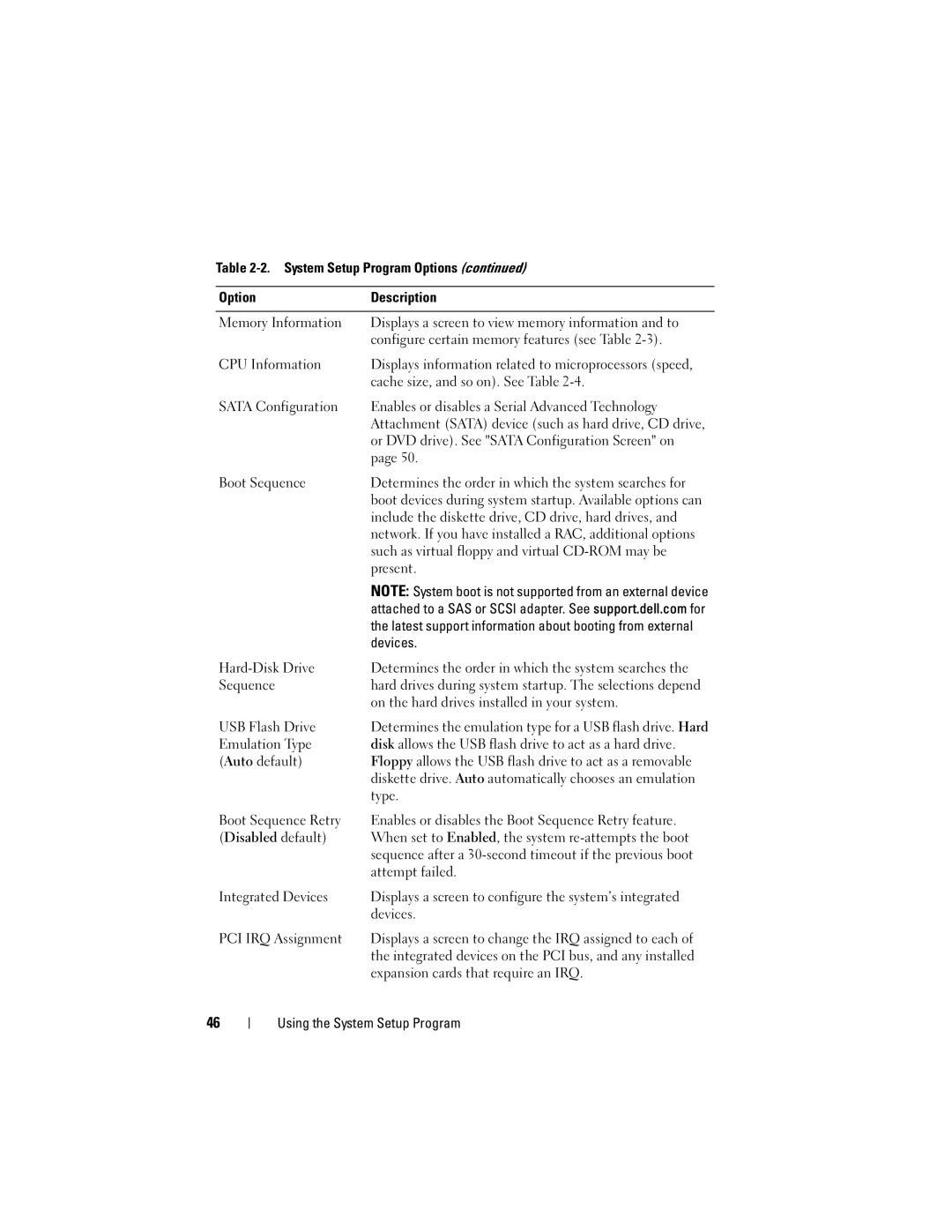 Dell DR715 Cache size, and so on. See Table, Or DVD drive. See Sata Configuration Screen on, Boot Sequence, Present, Type 