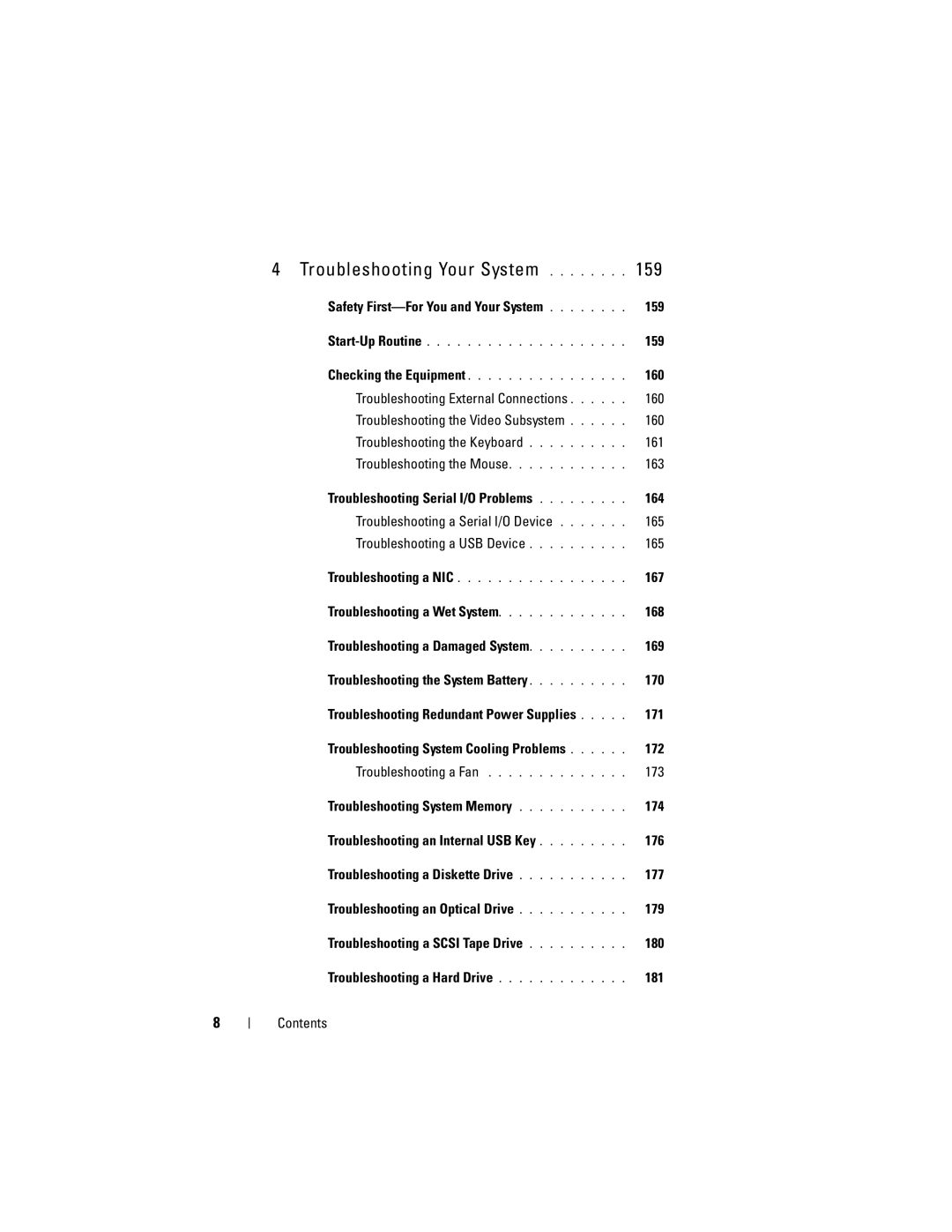 Dell DR715 159, 160, 167, Troubleshooting a Wet System 168, 169, Troubleshooting the System Battery 170, 171, 172, 173 