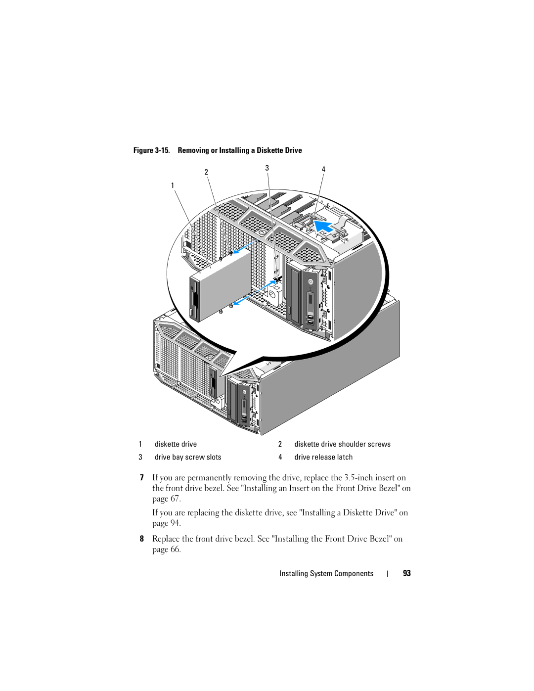 Dell T605, DR715 Removing or Installing a Diskette Drive Diskette drive, Drive bay screw slots Drive release latch 