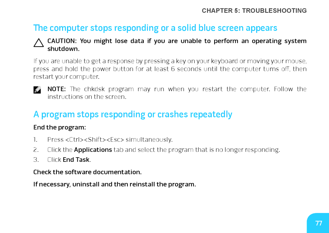 Dell P06T, DRF37 Computer stops responding or a solid blue screen appears, Program stops responding or crashes repeatedly 