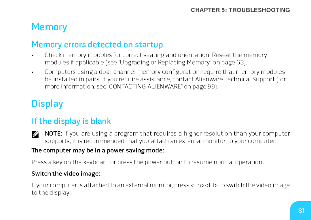 Dell P06T, DRF37 manual Display, Memory errors detected on startup, If the display is blank 