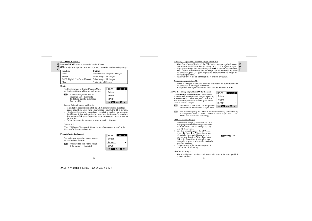 Dell DS8118 Playback Menu, Function Options, Delete, Dpof Specifying Digital Print Order Format, Protect Protecting Images 