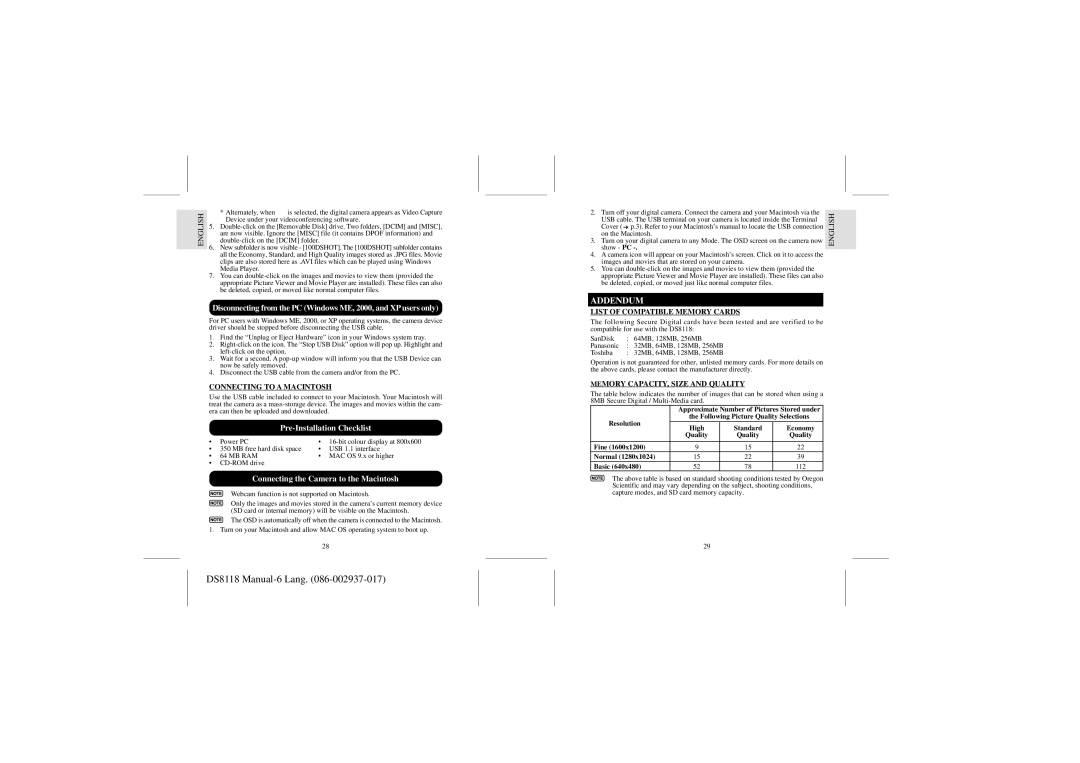 Dell DS8118 Connecting the Camera to the Macintosh, Addendum, Connecting to a Macintosh, List of Compatible Memory Cards 