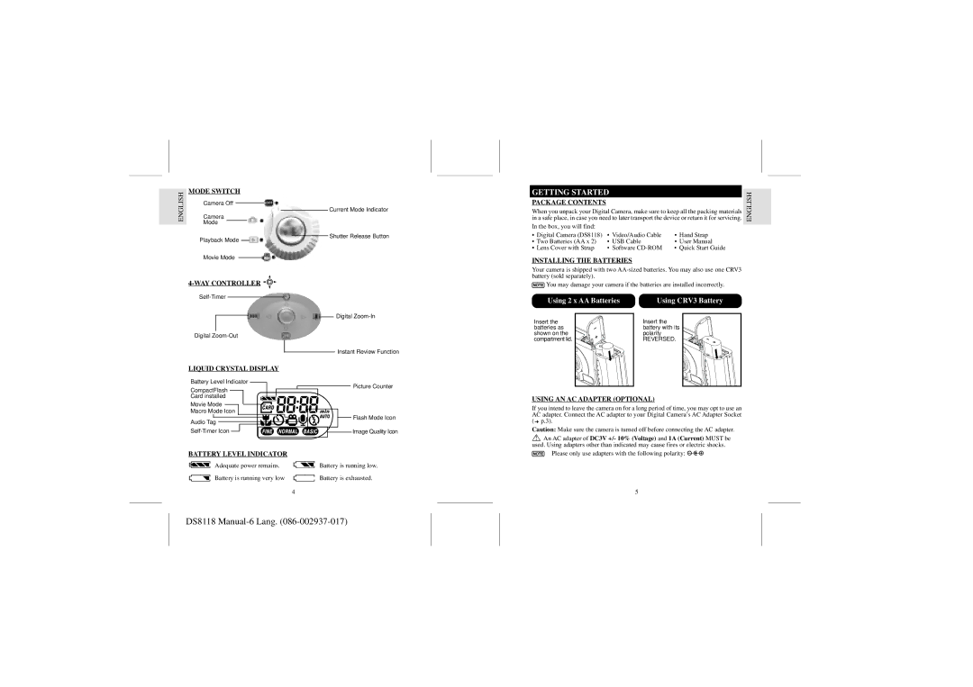 Dell DS8118 user manual Getting Started, Using 2 x AA Batteries, Using CRV3 Battery 