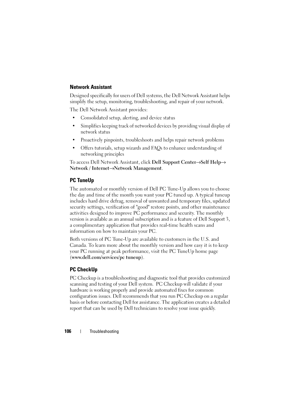 Dell DT549, PP22X owner manual Network Assistant, PC TuneUp, PC CheckUp, 106 