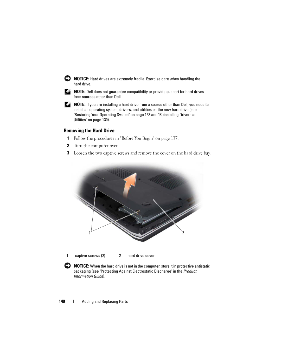 Dell DT549, PP22X owner manual Removing the Hard Drive, 140 