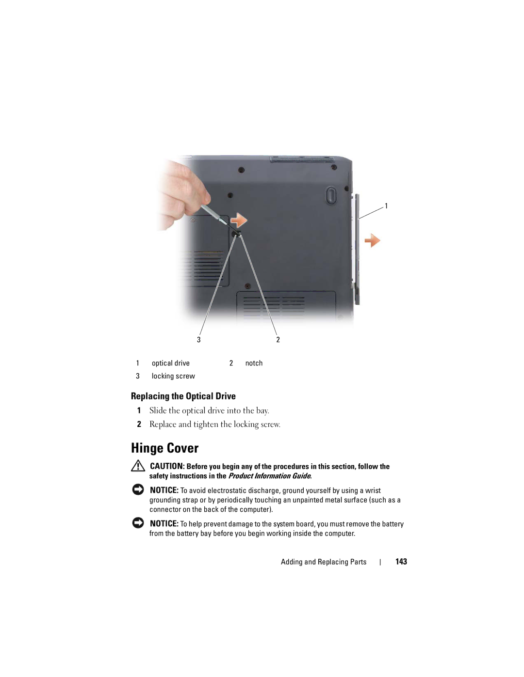 Dell PP22X, DT549 owner manual Hinge Cover, Replacing the Optical Drive, 143 