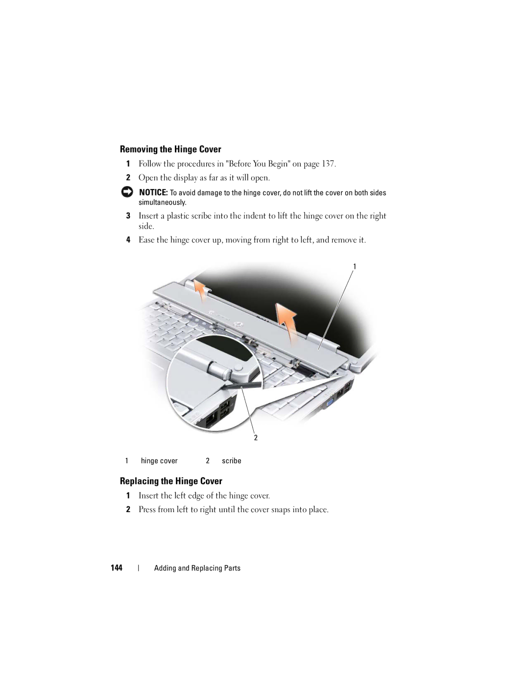 Dell DT549, PP22X owner manual Removing the Hinge Cover, Replacing the Hinge Cover 