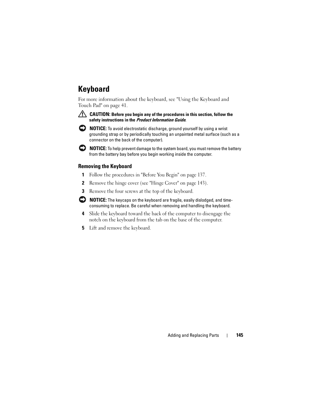 Dell PP22X, DT549 owner manual Removing the Keyboard, Lift and remove the keyboard, 145 