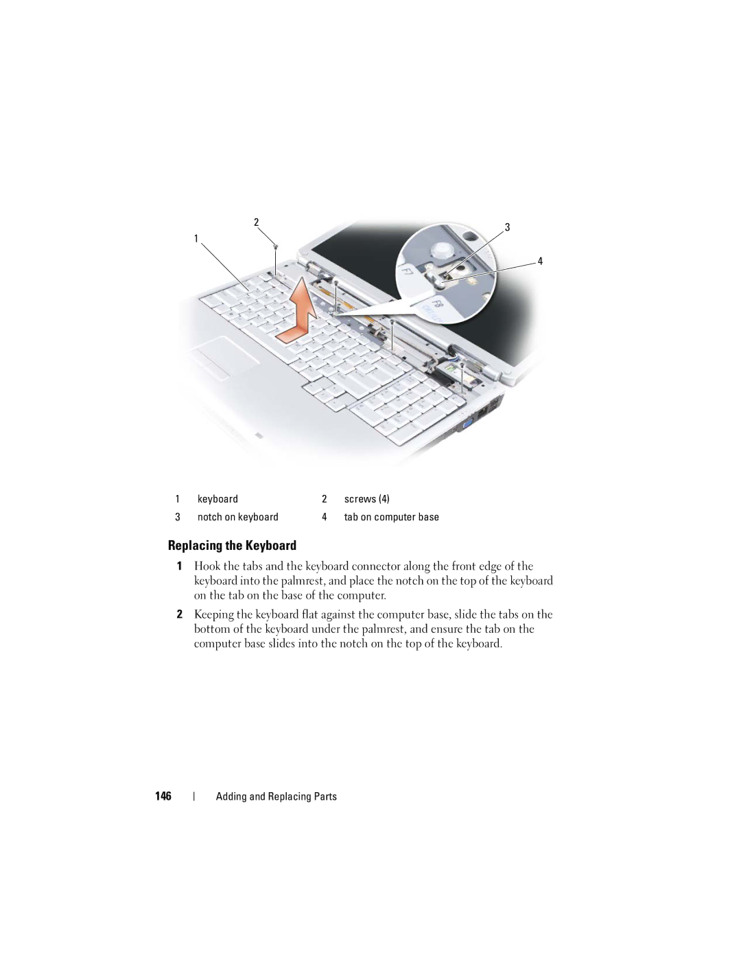 Dell DT549, PP22X owner manual Replacing the Keyboard, 146 