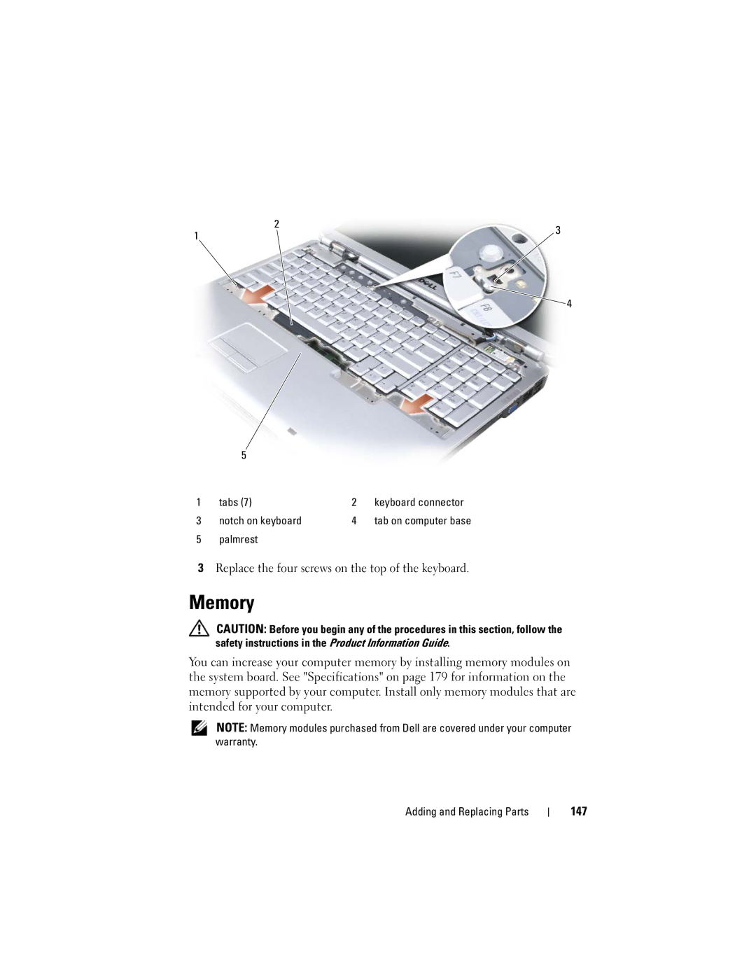 Dell PP22X, DT549 owner manual Memory, Replace the four screws on the top of the keyboard, 147 