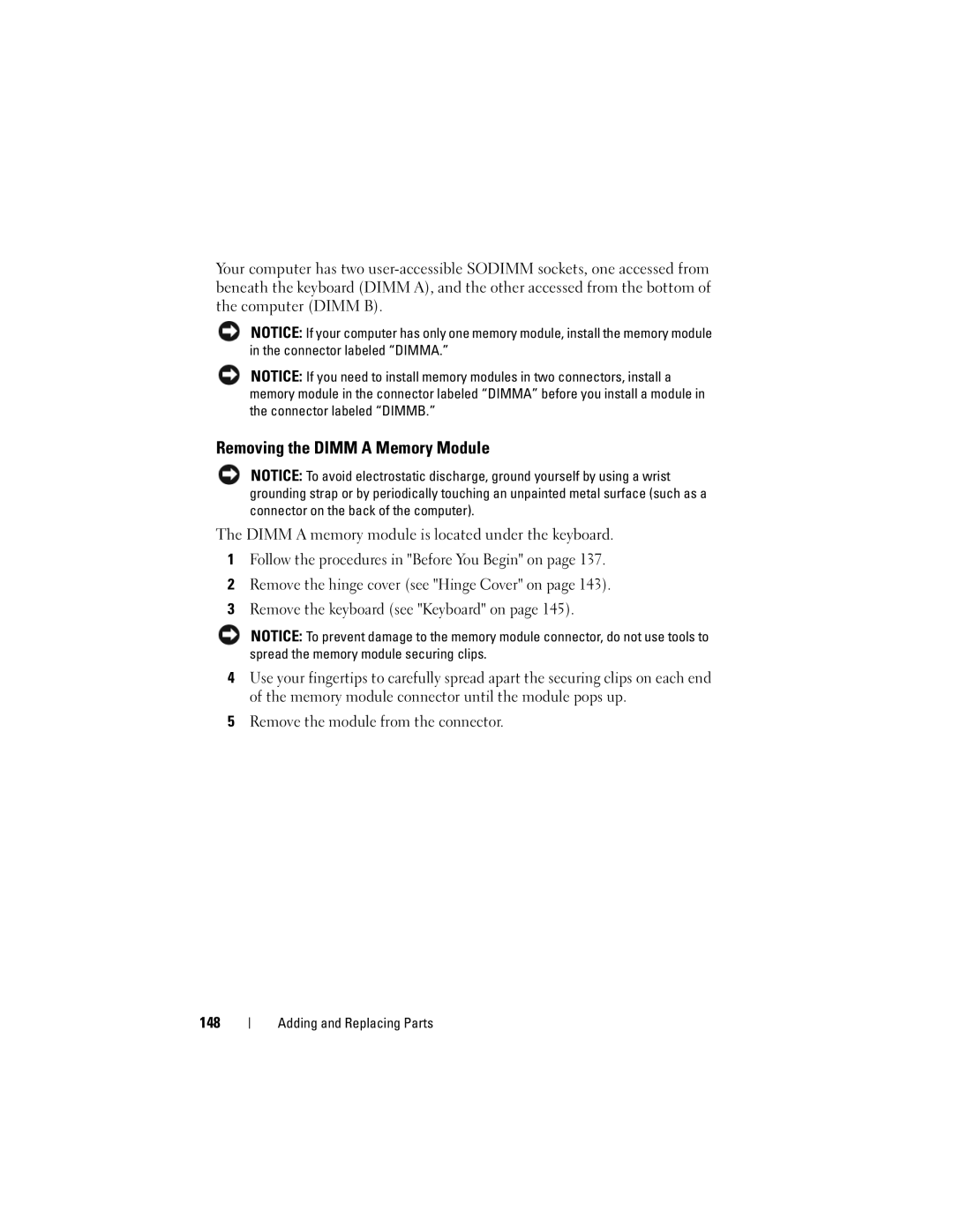 Dell DT549, PP22X owner manual Removing the Dimm a Memory Module 